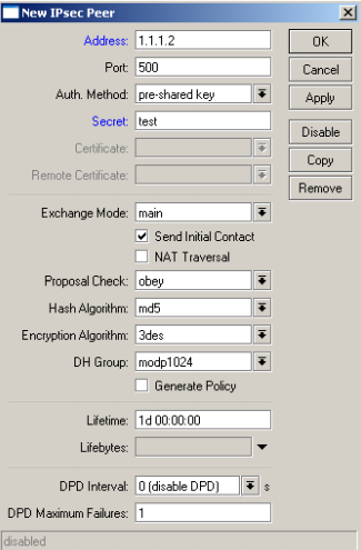 MIkrotik IPsec Peer