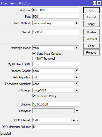 Mikrotik IPSec Peer