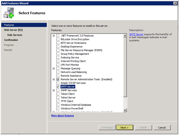 Windows 2008 Select SMTP feature